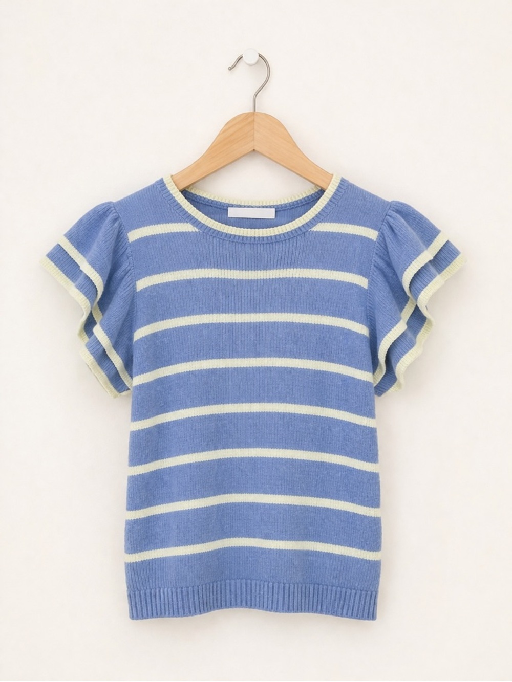Blue & Cream Striped Ruffle Sleeve Knit Top